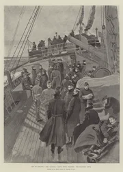 Auf nach Ashanti, die Loanda fährt den Kanal hinunter, das Deck der Soldaten